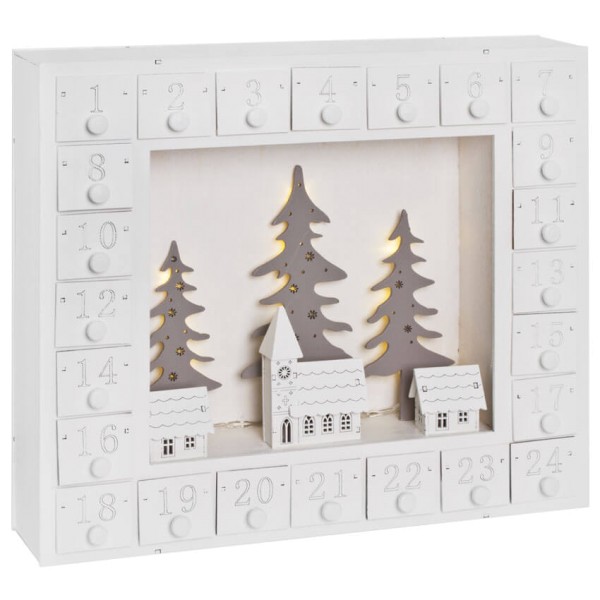 Adventskalender mit 10 warmweiße LEDs, Holz, weiß